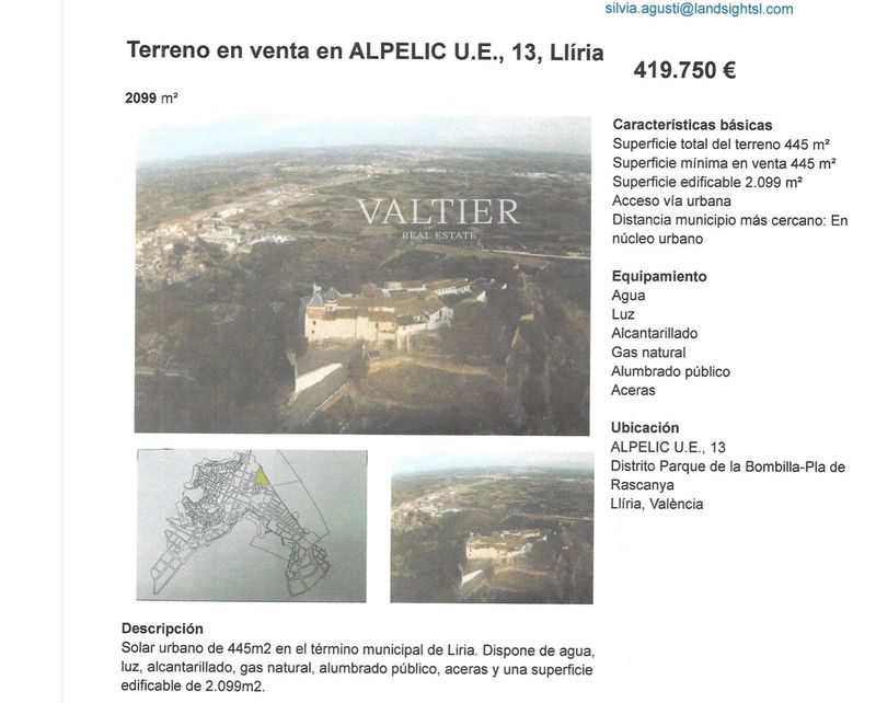 Parcela en venta Llíria, Valencia. Ref: 3229. Valtier Real Estate