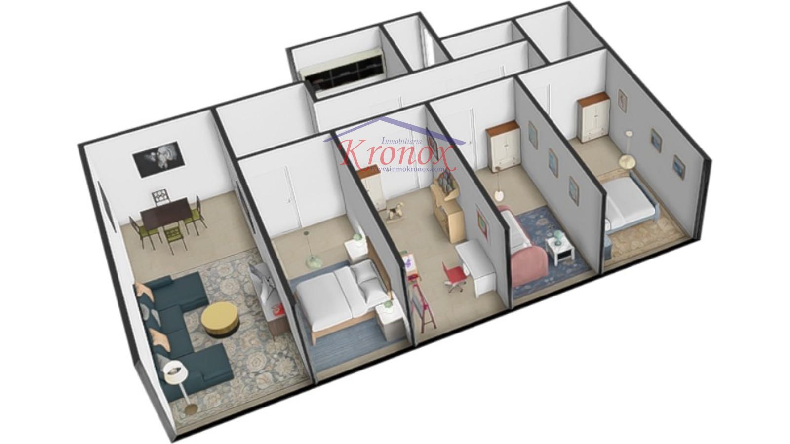 Plano 3D - 4 habitación,  1 baño, 1 aseo y garaje