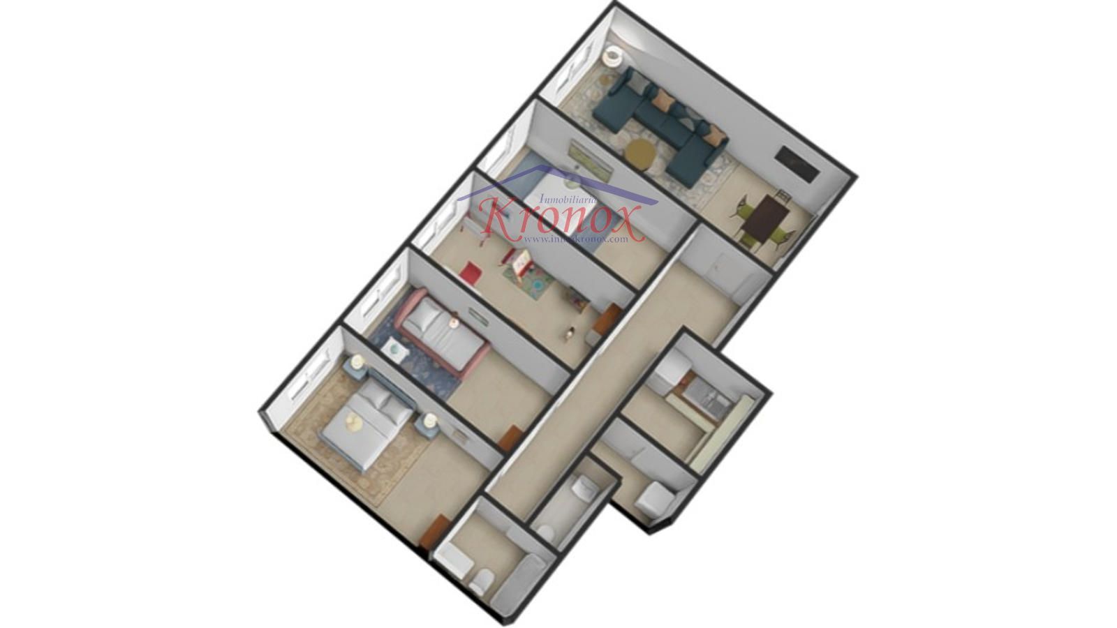 Plano 3D - 4 habitación,  1 baño, 1 aseo y garaje