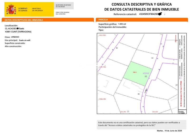 Parcela urbana en venta Cunit, Tarragona. Ref: 1701. Calafell Gestión Inmobiliaria