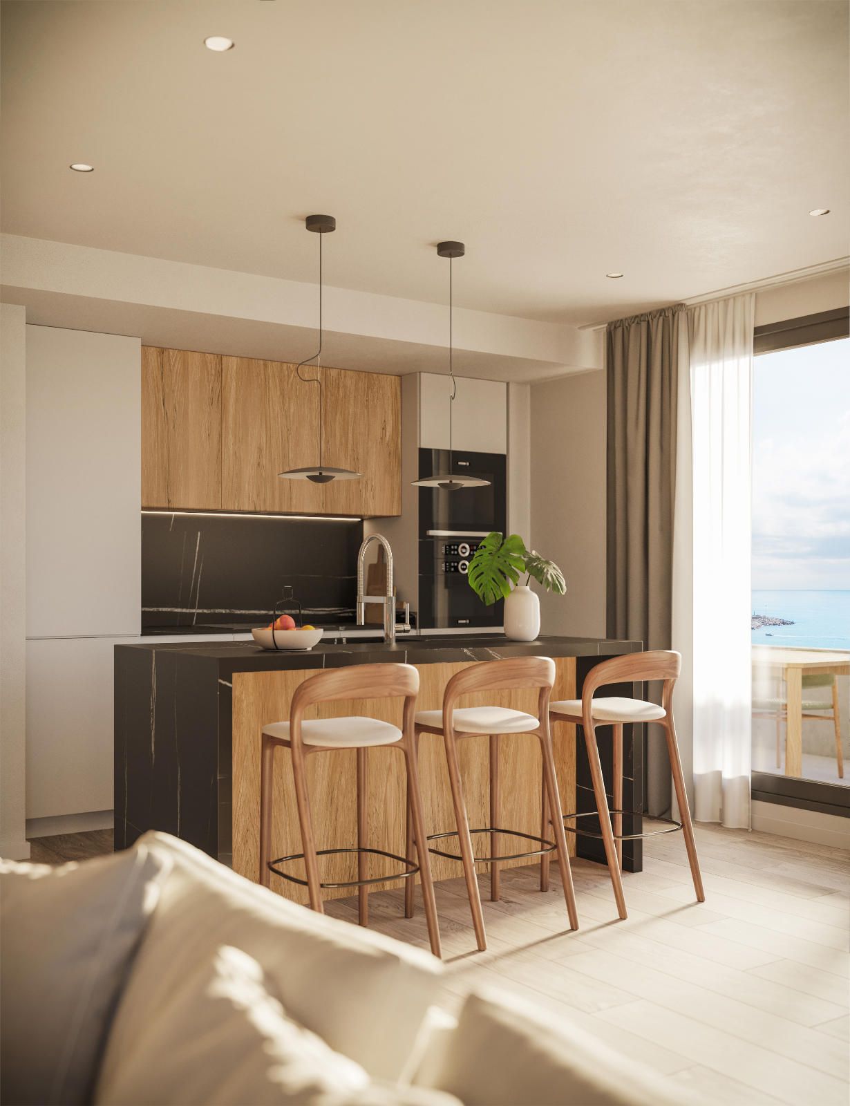 Newly built seafront apartment with a corner terrace.