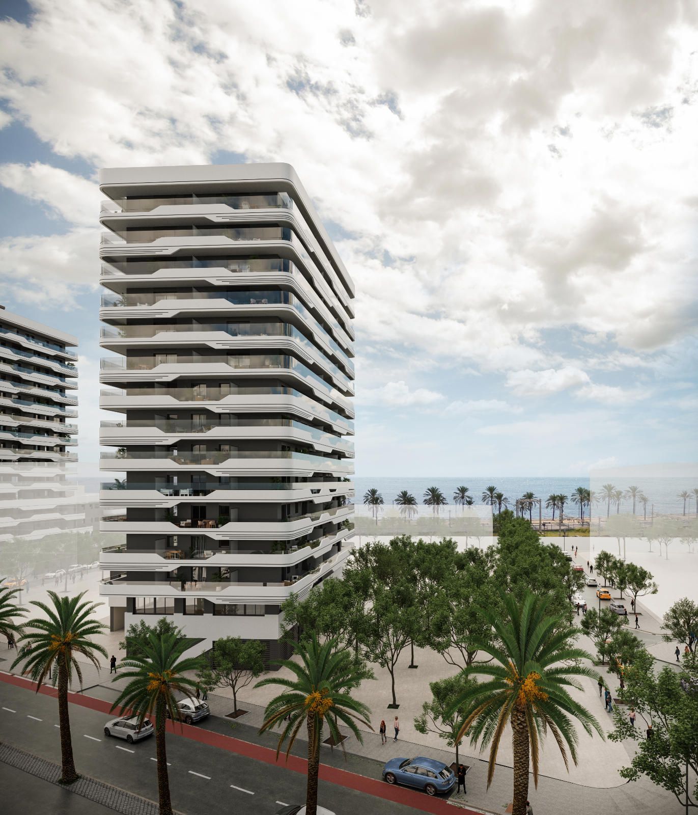Appartements neufs en première ligne de mer avec une grande terrasse, comprenant 2 chambres et 1 salles de bains.