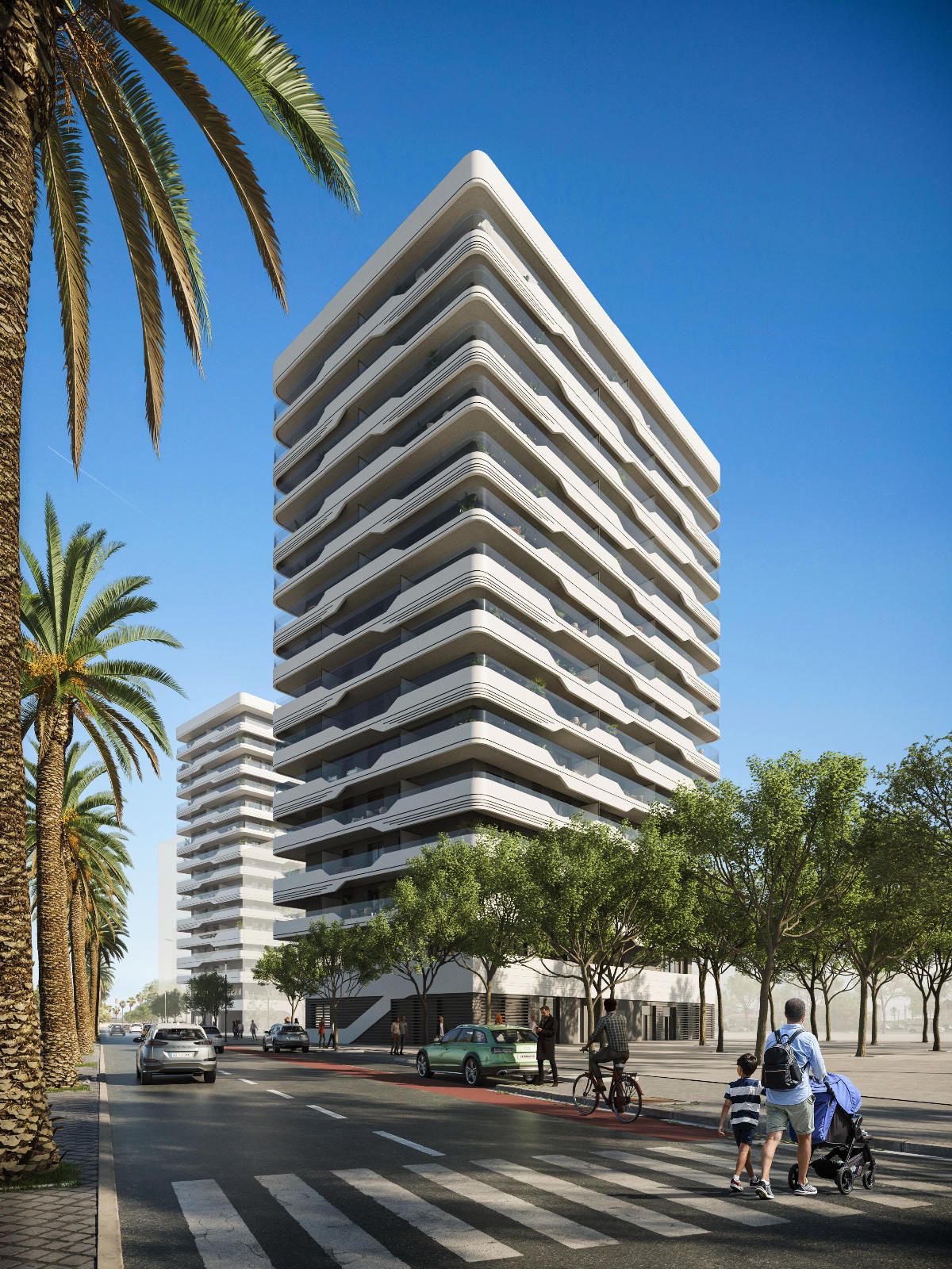Appartement neuf en première ligne de mer avec une grande terrasse ; il dispose de 2 chambres et de 2 salles de bains.