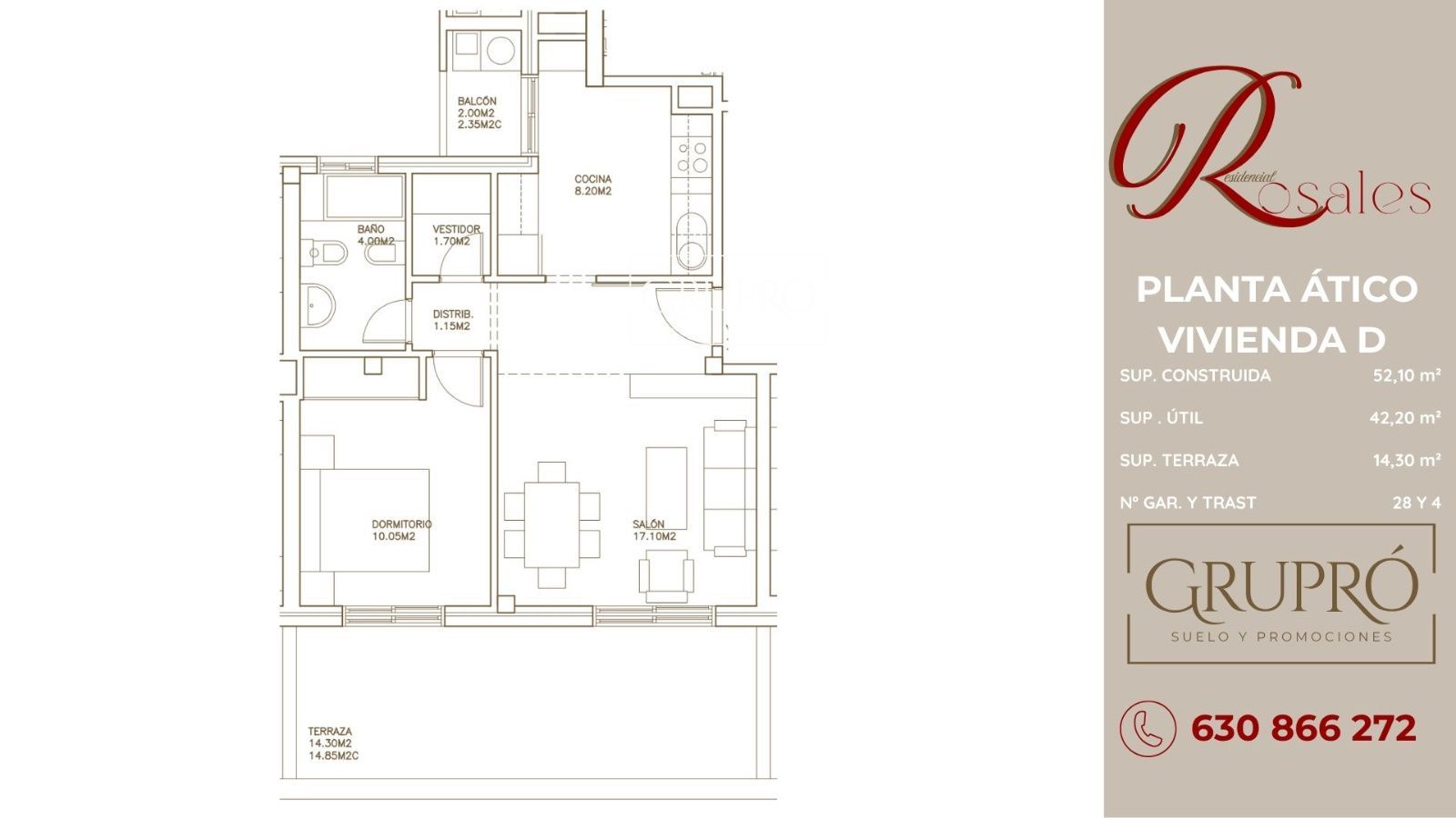 Ático de 1 dormitorio, con terraza de 14 metros cuadrados y orientación oeste (sol de tarde)